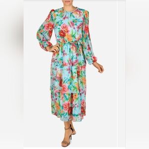 Julia Jordan Tie Waist Tiered Long Sleeve Midi Dress NWT